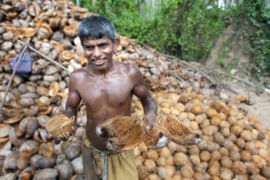A man holding coconuts