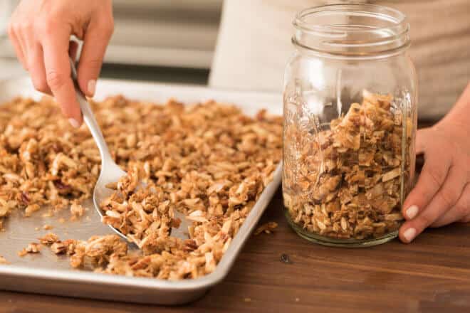 Once baked, granola can be stored in mason jars