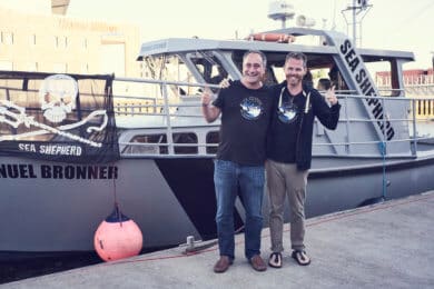 Michael Bronner & German Director Axel Rungweber with Sea Shepherd ship, MV Emanuel Bronner