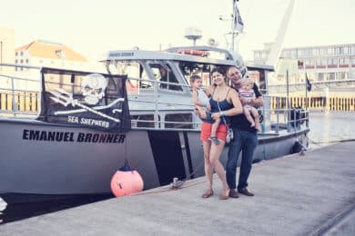 Michael Bronner & Family with Sea Shepherd ship, MV Emanuel Bronner