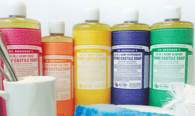 Bottle of Dr. Bronner's - dilutions cheat sheet