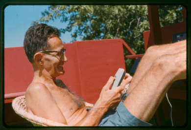 75 years - dr. bronner sitting down relaxing