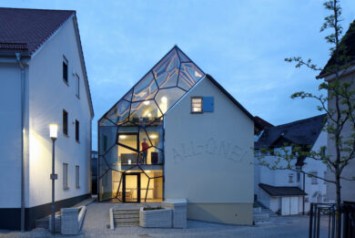 Exterior of the Bronner Haus at night