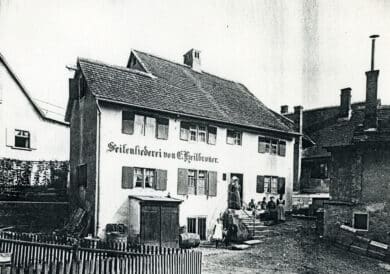 Black and white photo of the building