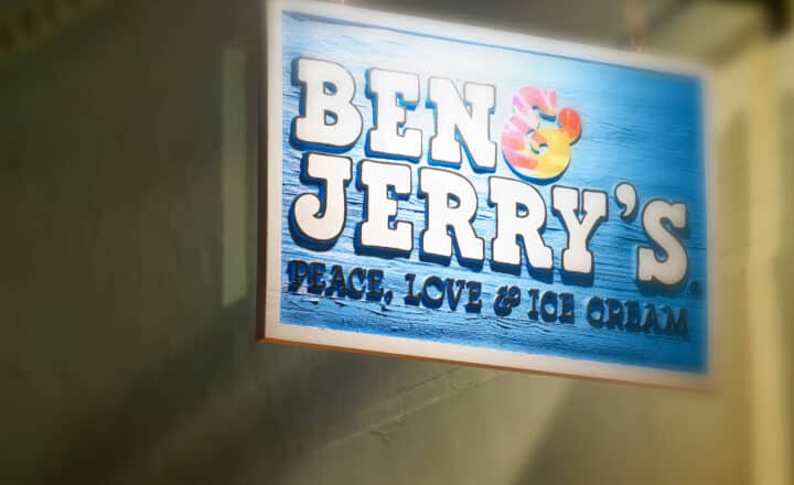 Ben and Jerry's Ice Cream sign outside a storefront