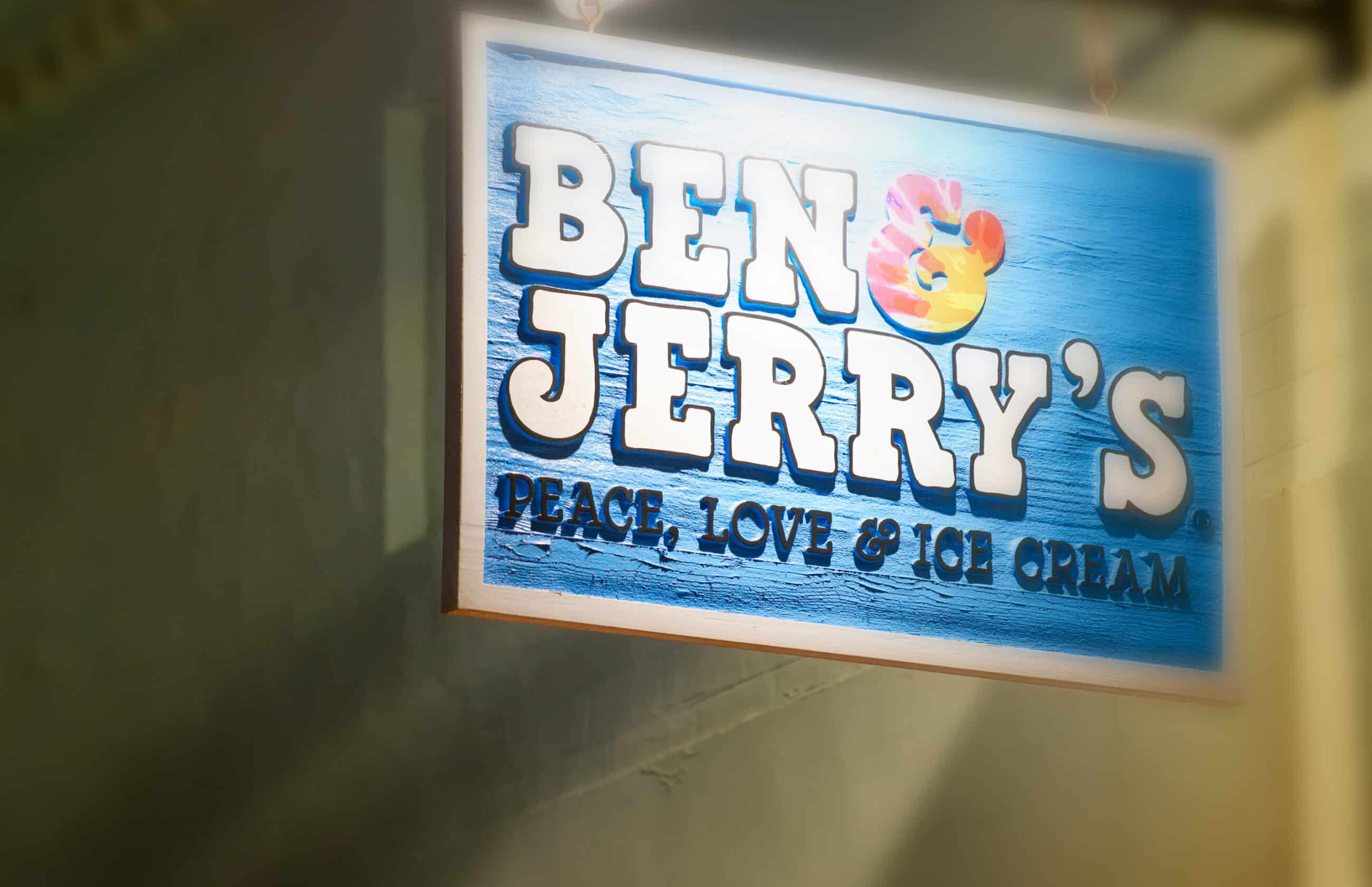 Ben and Jerry's Ice Cream sign outside a storefront
